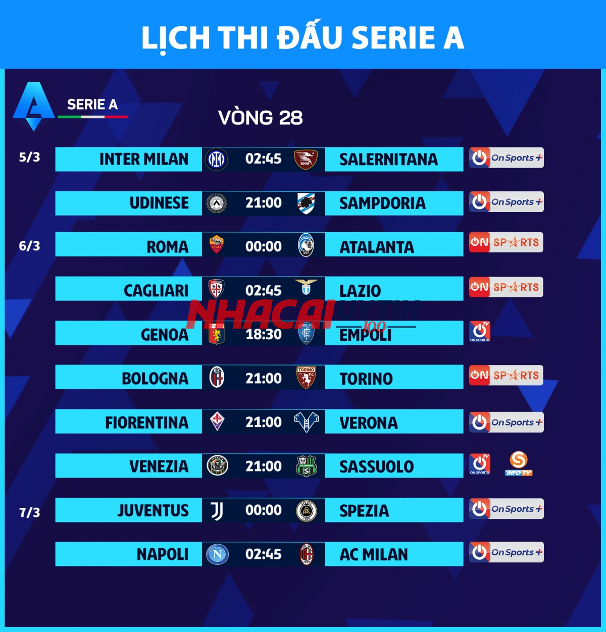 Cách xem lịch thi đấu Serie A - VĐQG Italia